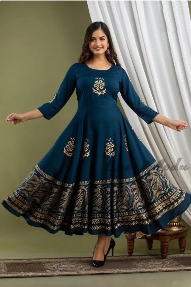 ₹640 | Stylish Blue Floral Anarkali Kurti for Women – Festive Wear Deal