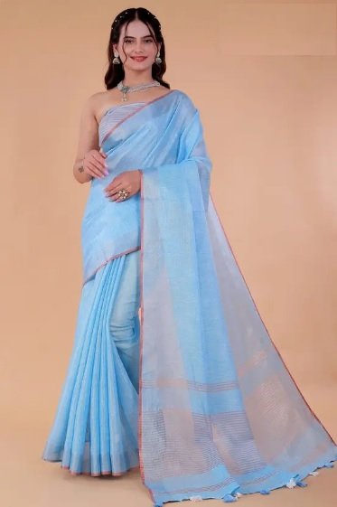 Solid/Plain Handloom Linen Saree  look like girija oak Blue Saree
