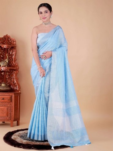 Plain Zari Pure Linen Blu Saree look like Girija Oak Blue Saree