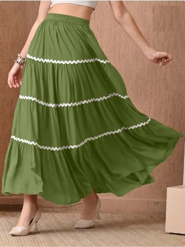 Women Self Design Flared Green Skirt
