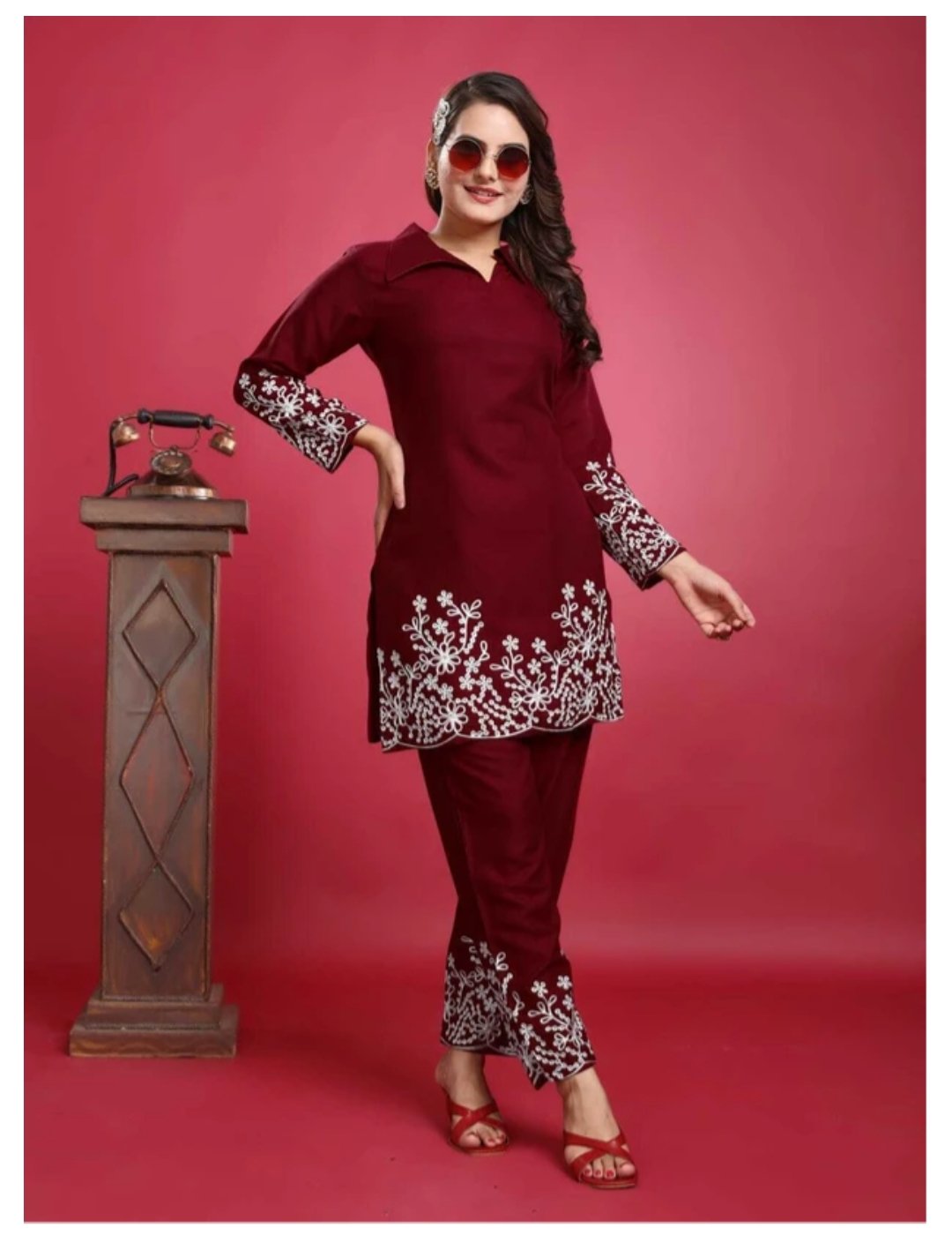 ₹341 | weARial Maroon Top Pant Co-ords Set for Women – Embroidered Rayon Comfort Deal