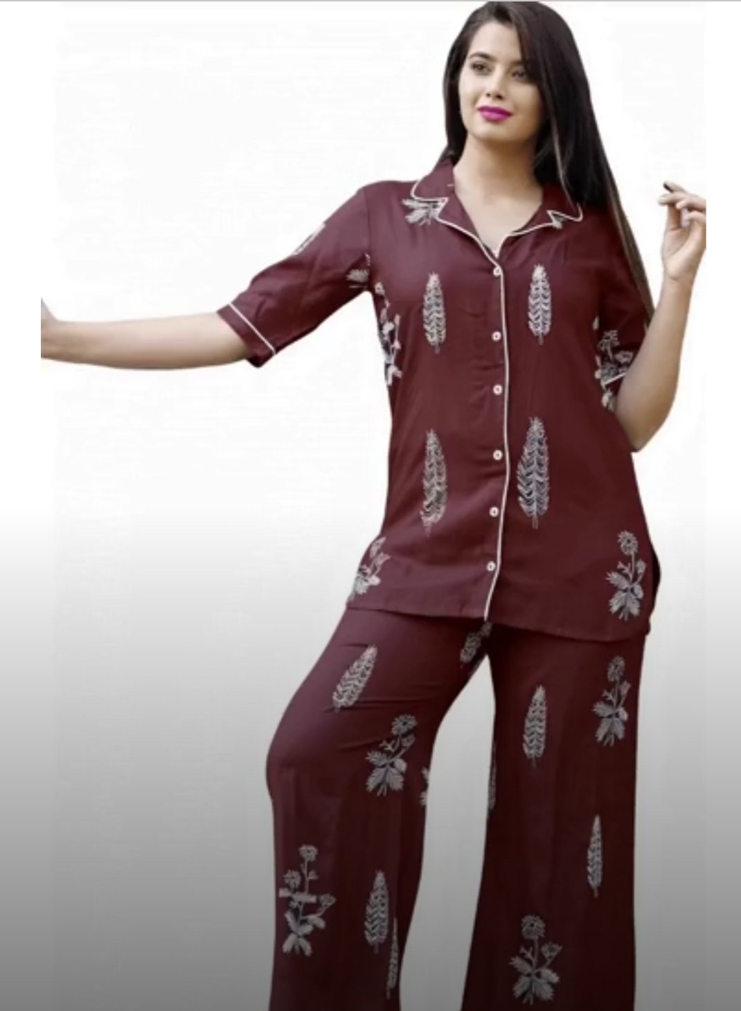 ₹385 | TRINABH Women’s Maroon Printed Shirt &amp; Pyjama Night Suit – Soft Rayon Comfort Deal