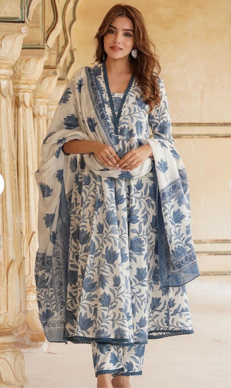 ₹999 – KALINI Floral Printed Anarkali Pure Cotton Kurta With Trousers &amp; Dupatta | 86% OFF