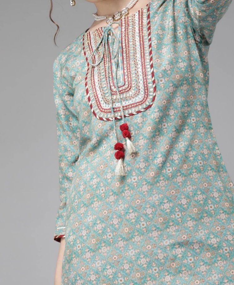 ₹746 Varanga Teal Blue Embroidered Kurta | Ethnic Motif Yoke Design | 75% OFF