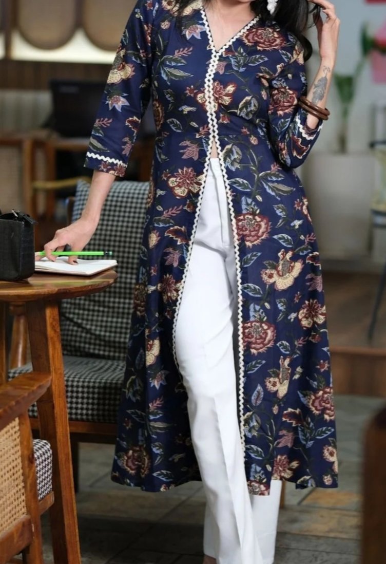 ₹598 Youthnic Floral A-Line Long Kurta | Cotton Front Slit Stylish Wear | 70% OFF