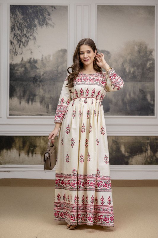 Purshottam Wala Women Fit &amp; Flare Beige Ankle Length Dress at ₹391 | Trendy Party Wear Dress