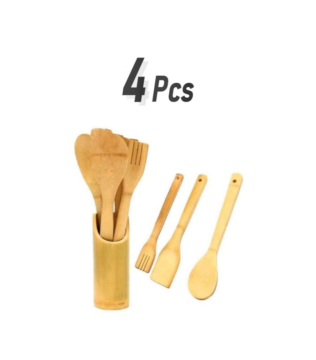 4 Piece Wooden Spoon Set With Stand for Stylish Kitchen Cooking