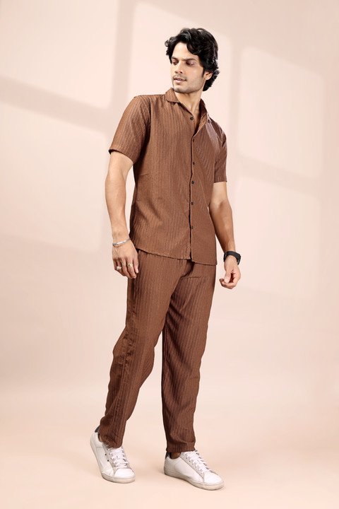 ₹424 Men’s Brown Striped Night Suit Set for Relaxed Everyday Comfort