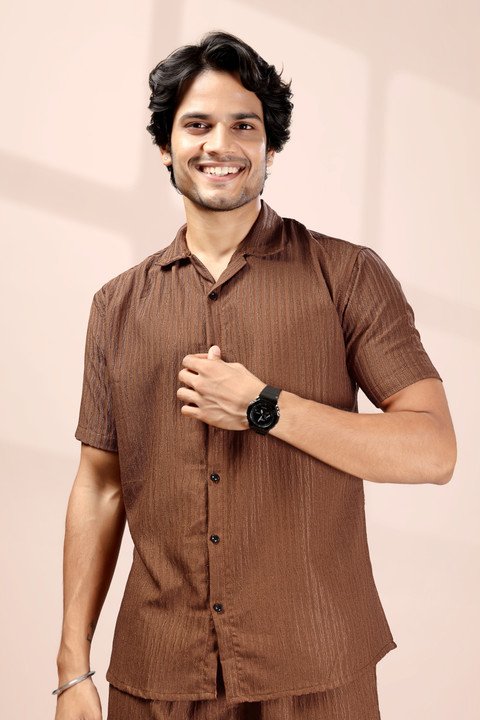 ₹424 Men’s Brown Striped Night Suit Set for Relaxed Everyday Comfort