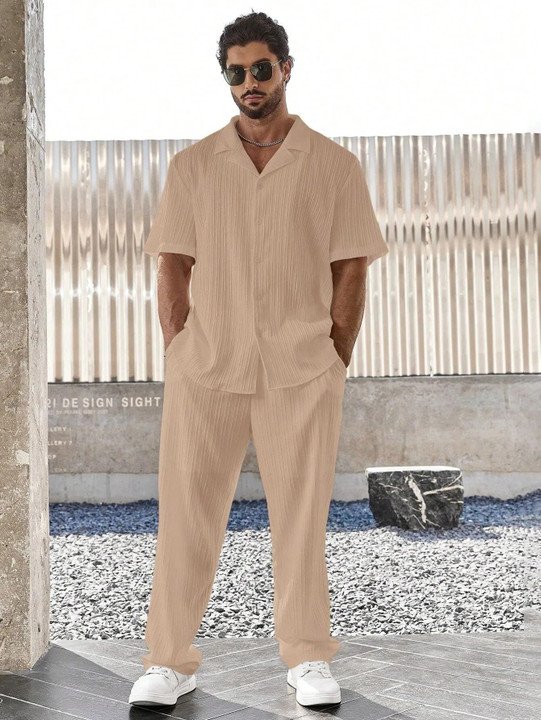 ₹448 Men’s Beige Self Design Night Suit Set for Everyday Relaxation