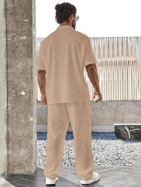 ₹448 Men’s Beige Self Design Night Suit Set for Everyday Relaxation