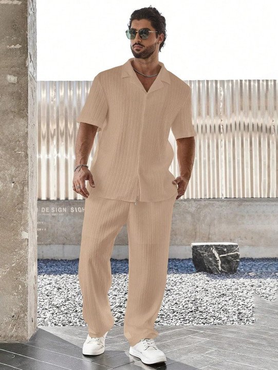 ₹448 Men’s Beige Self Design Night Suit Set for Everyday Relaxation