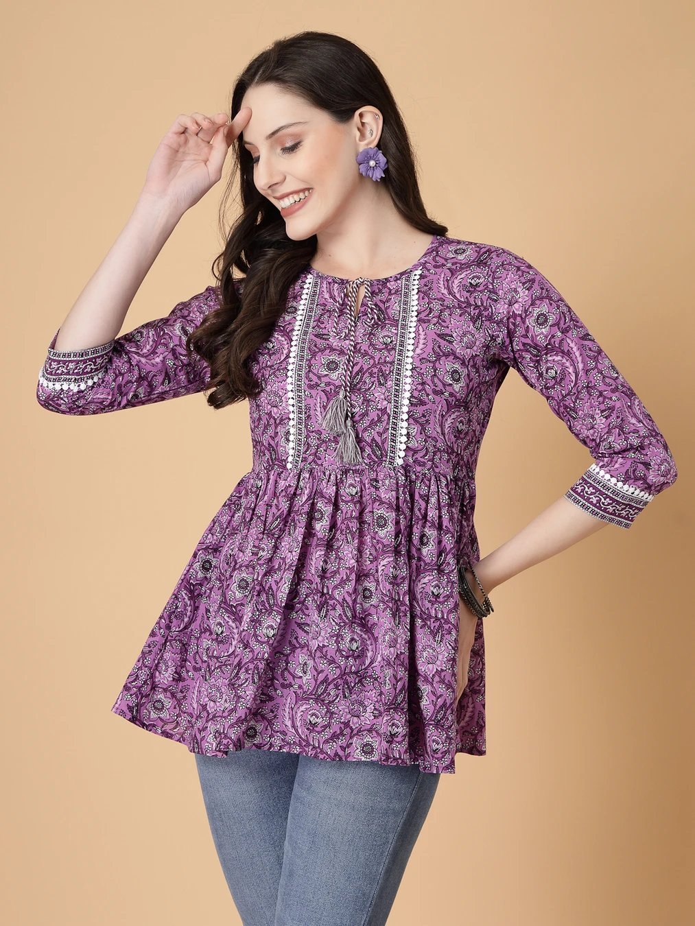 ₹330 Floral Print Women Purple White Top for Everyday Style Savings