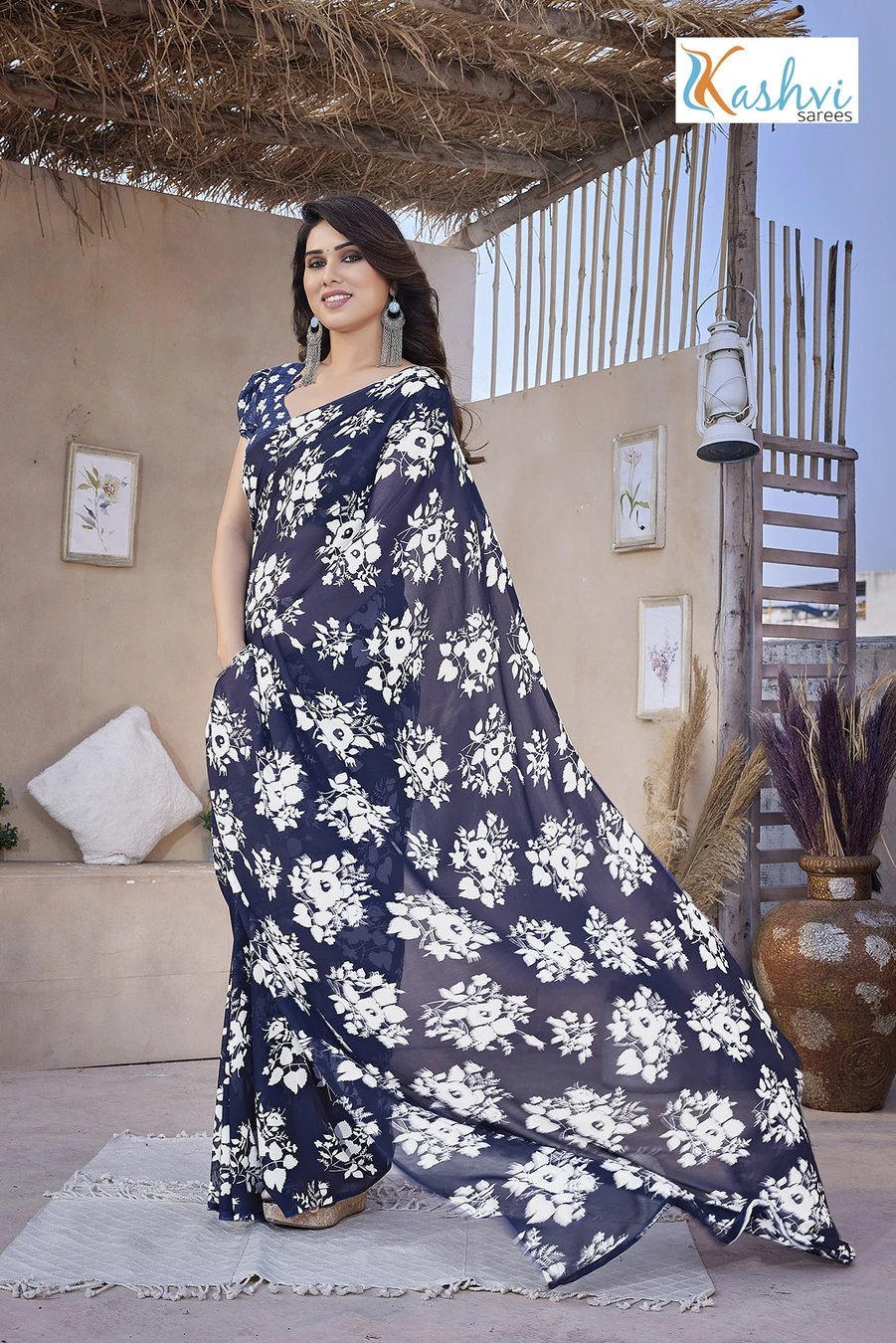 ₹253 Floral Print Georgette Saree with Blouse Piece for Elegant Ethnic Looks