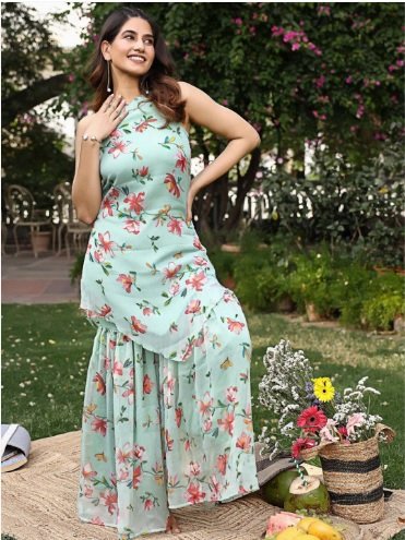₹3650 Floral Printed Silk Chiffon Kurta and Sharara Set for Women