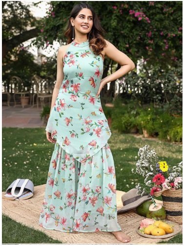 ₹3650 Floral Printed Silk Chiffon Kurta and Sharara Set for Women