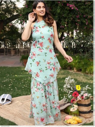 ₹3650 Floral Printed Silk Chiffon Kurta and Sharara Set for Women