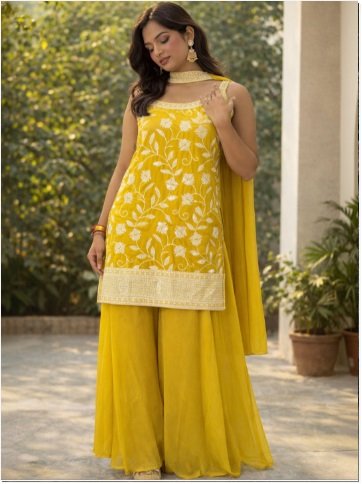 ₹7999 Floral Embroidered Thread Work Kurta with Sharara Set