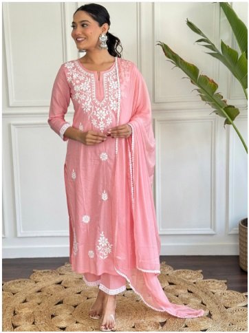 ₹4799 HERE&amp;NOW Embroidered Chikankari Kurta Set with Dupatta