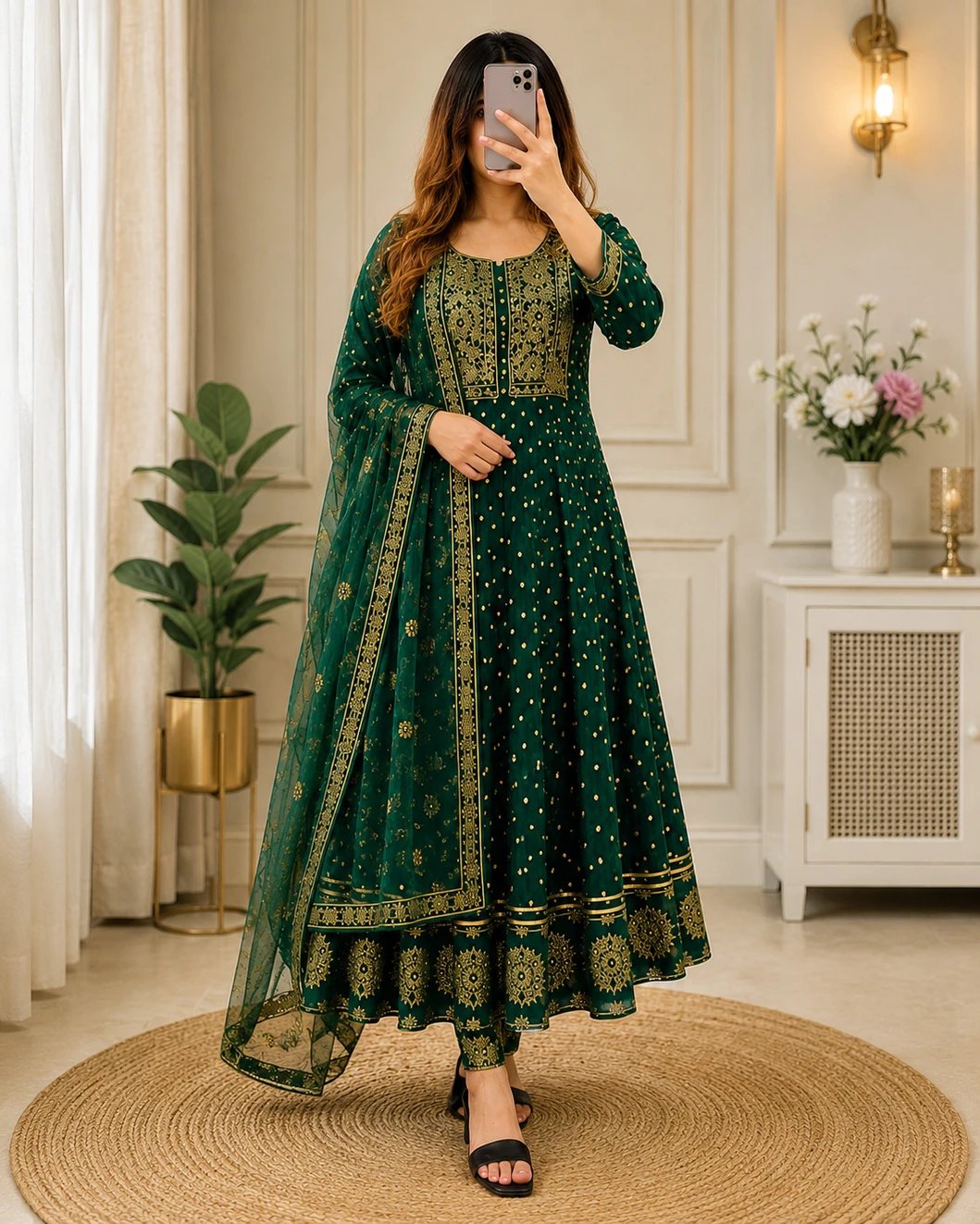 ₹728 KrishnaFab Printed Rayon Anarkali Kurta Dupatta Set