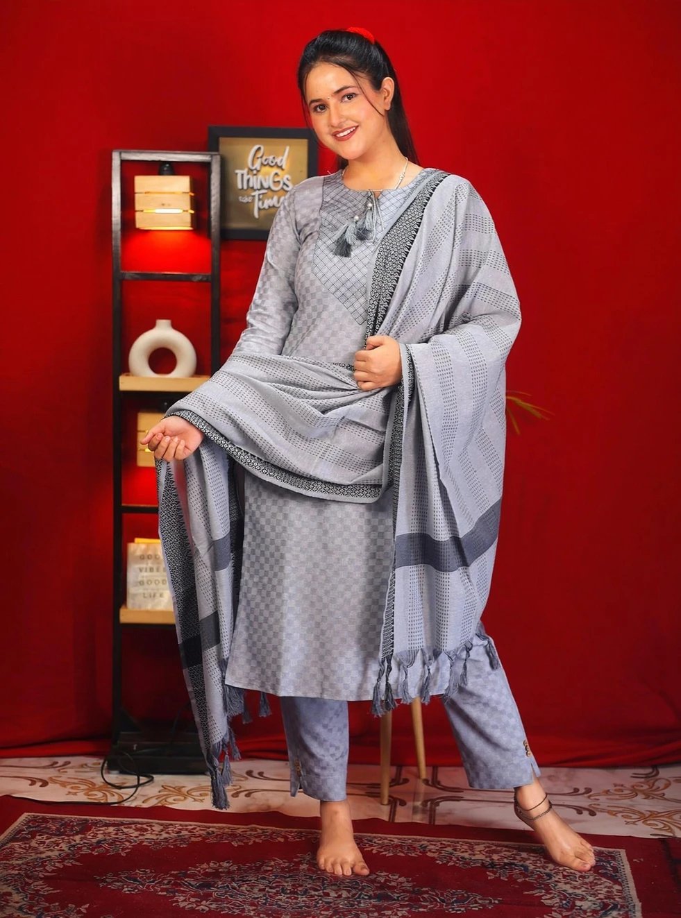 ₹391 Tibra Attire Cotton Blend Kurta Pant Dupatta Set for Women