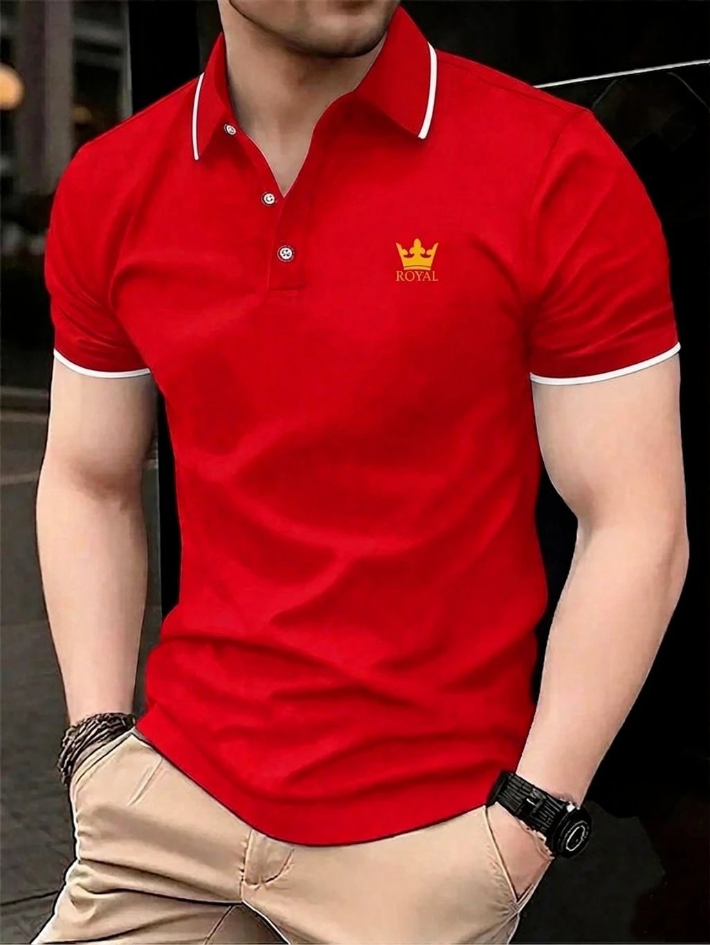 ₹232 AACHIPAN Men Printed Pure Cotton Red Polo Neck T-Shirt for Casual Wear
