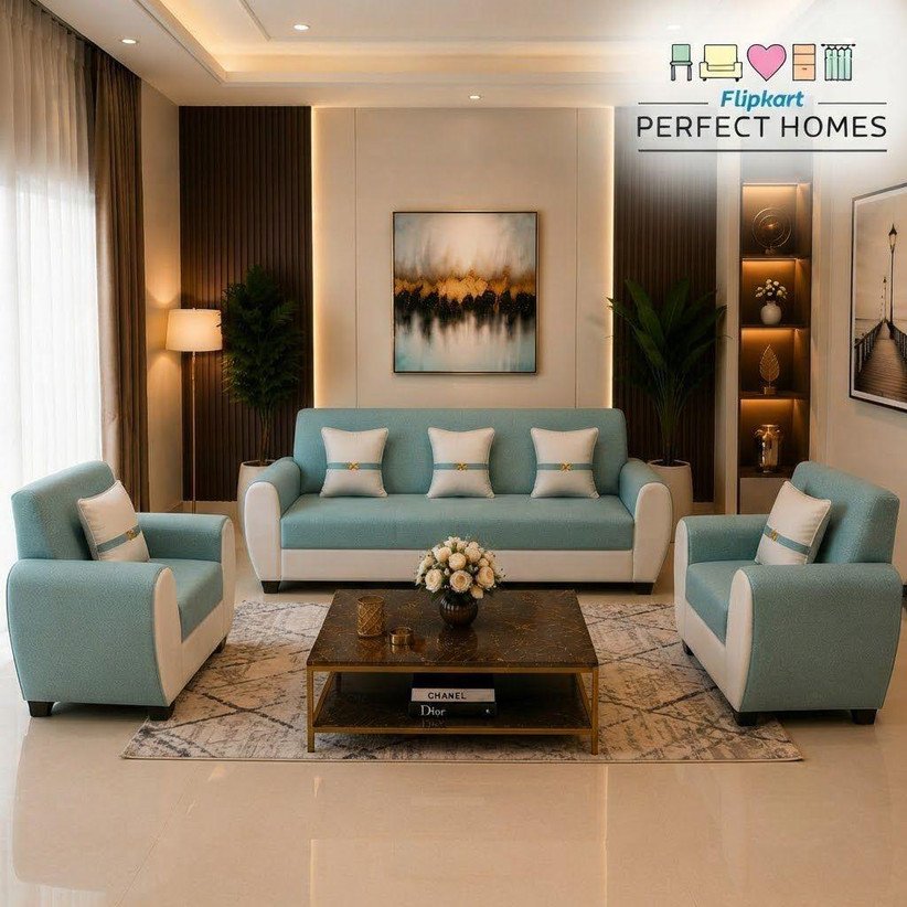₹17,421 Aqua Blue Cream 3+1+1 Fabric Sofa Set – 53% Off