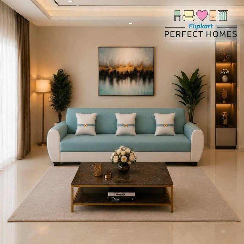 ₹17,421 Aqua Blue Cream 3+1+1 Fabric Sofa Set – 53% Off