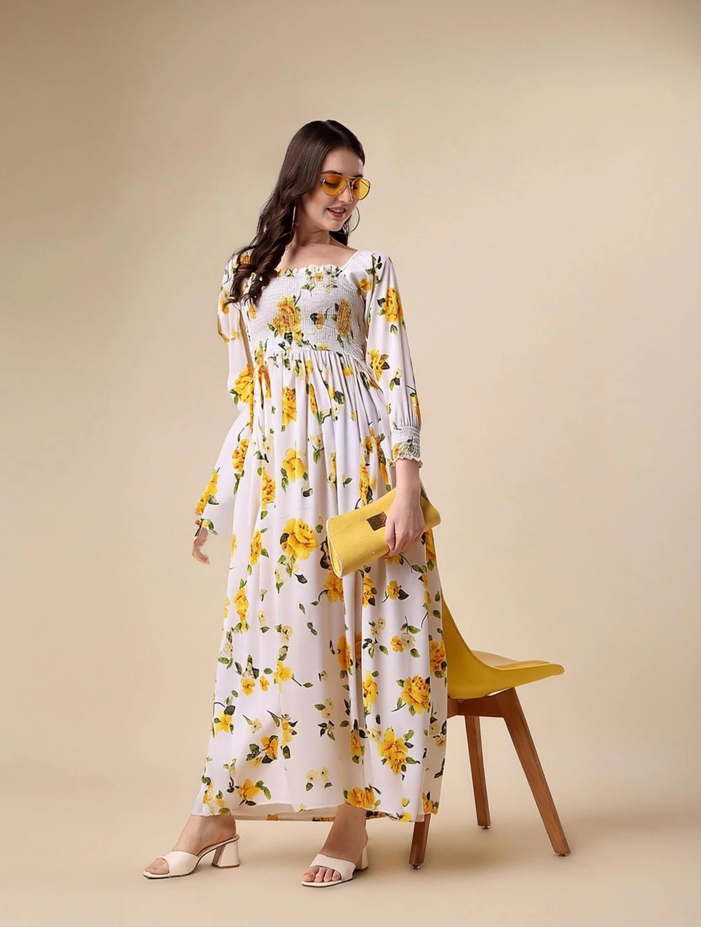 ₹310 White Yellow Green Fit and Flare Maxi Dress for Women, Casual Wear