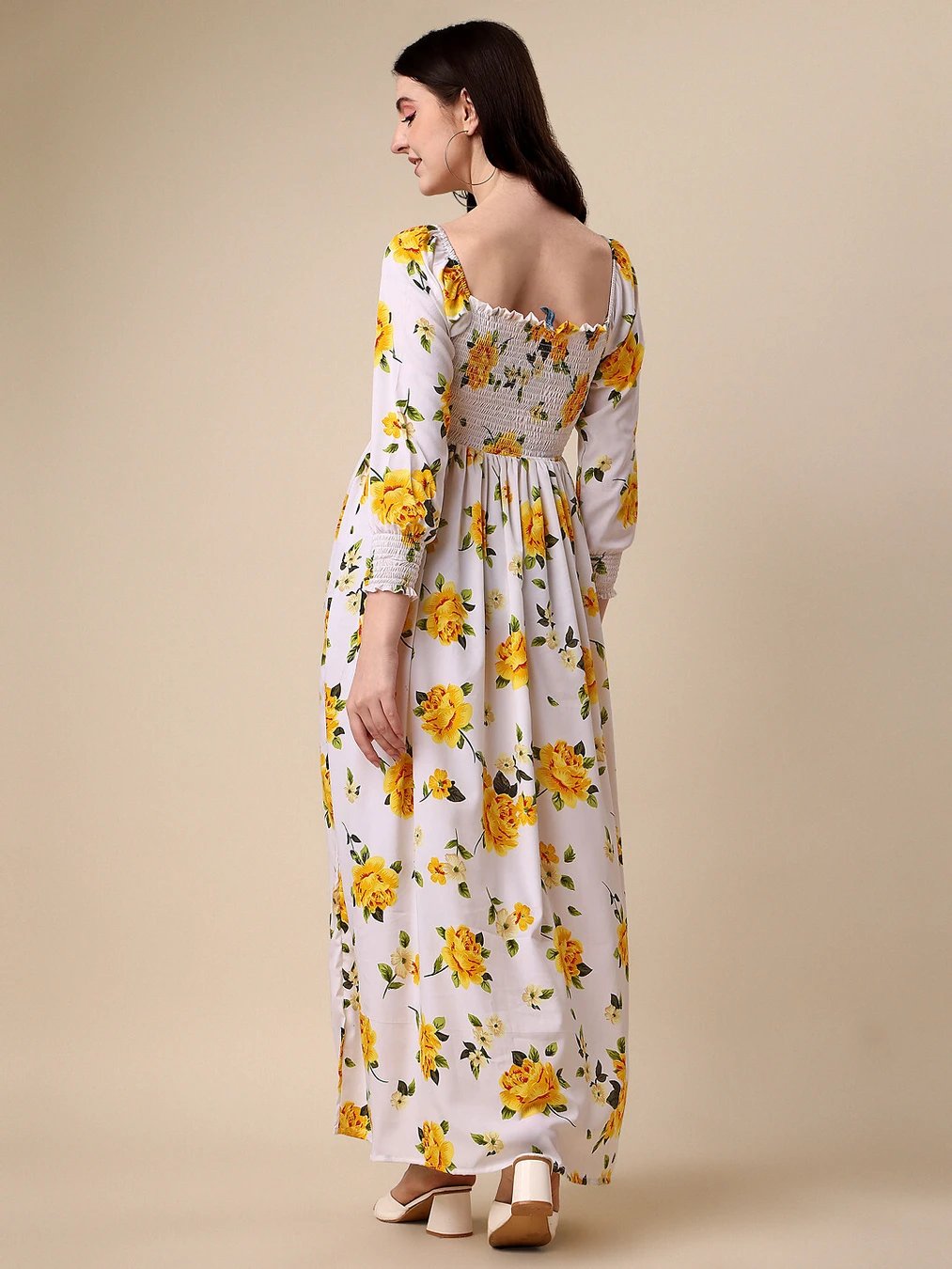 ₹310 White Yellow Green Fit and Flare Maxi Dress for Women, Casual Wear