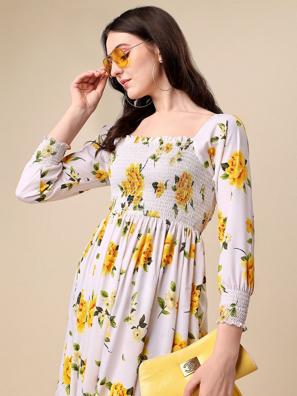 ₹310 White Yellow Green Fit and Flare Maxi Dress for Women, Casual Wear