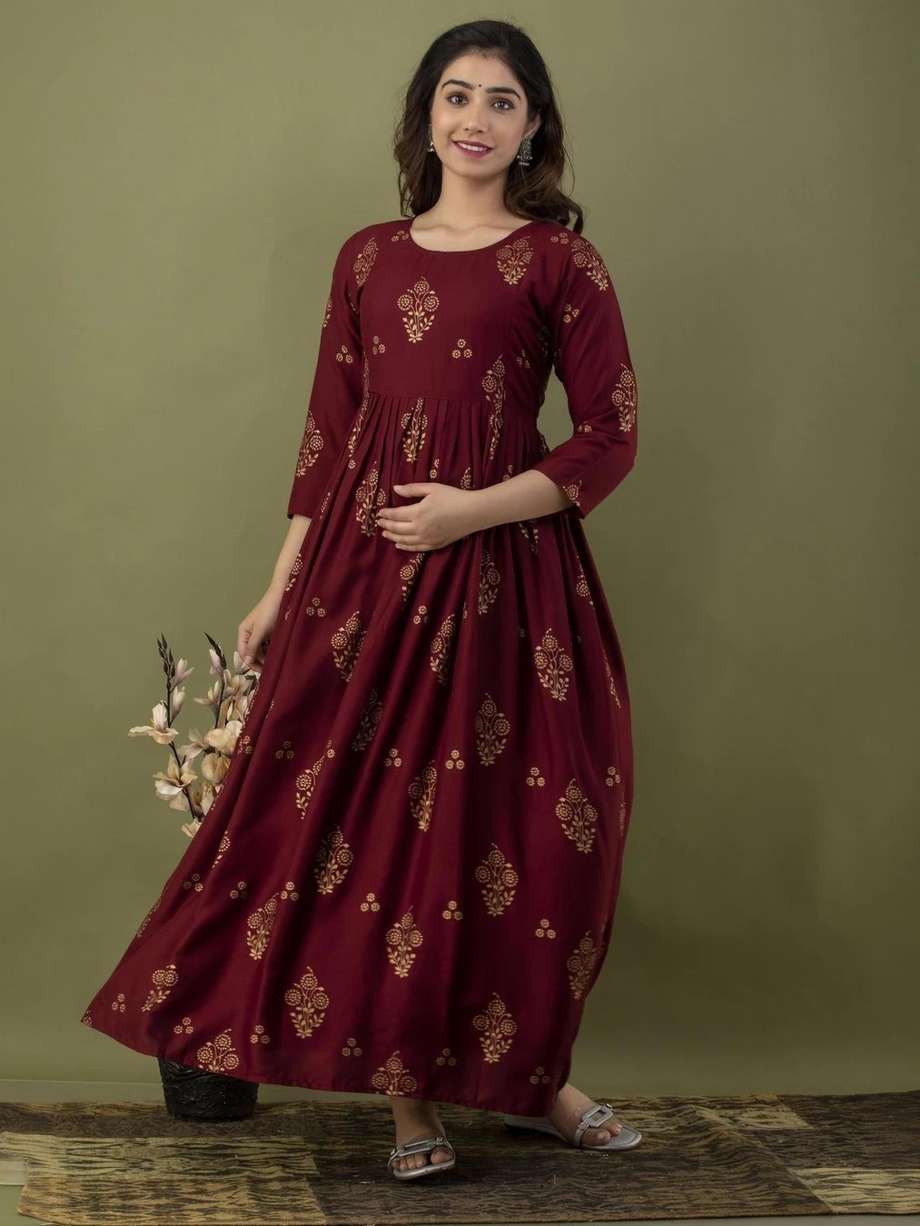 ₹383 Maroon Gold Midi Gown for Women, Elegant Festive Occasion Dress