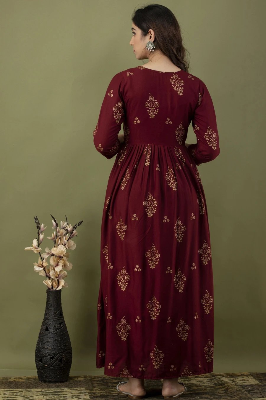 ₹383 Maroon Gold Midi Gown for Women, Elegant Festive Occasion Dress
