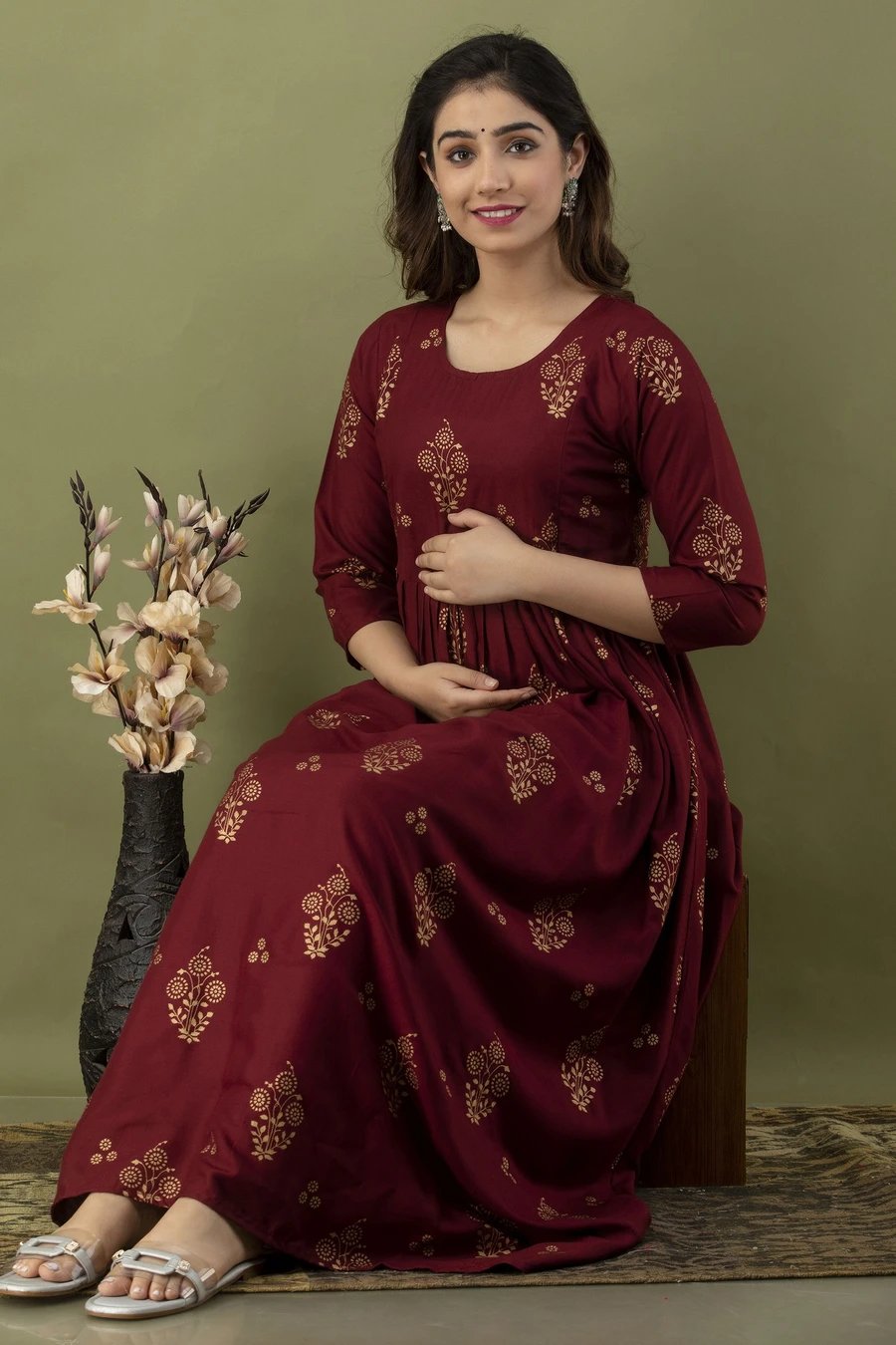 ₹383 Maroon Gold Midi Gown for Women, Elegant Festive Occasion Dress