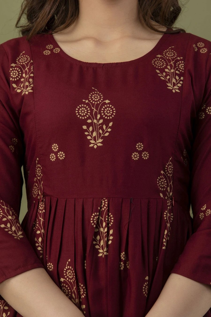 ₹383 Maroon Gold Midi Gown for Women, Elegant Festive Occasion Dress