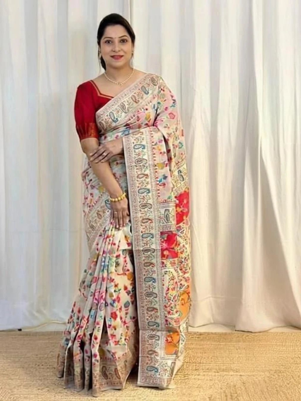 ₹613 White Printed Paithani Cotton Silk Saree for Graceful Ethnic Styling