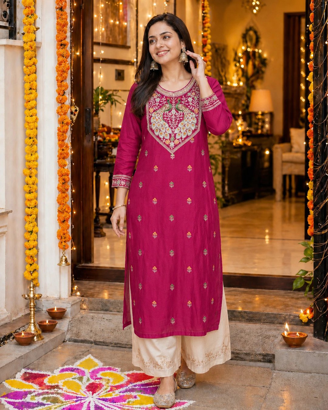 ₹619 Embroidered Silk Blend Straight Kurta for Women’s Festive Style