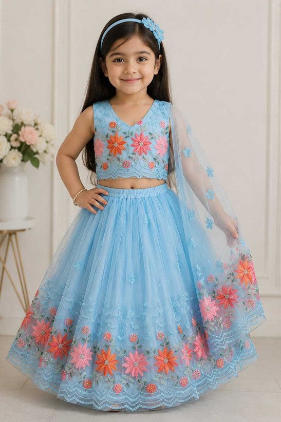 ₹340 Pink Girls Embroidered Lehenga Choli Set for Weddings and Festive Wear