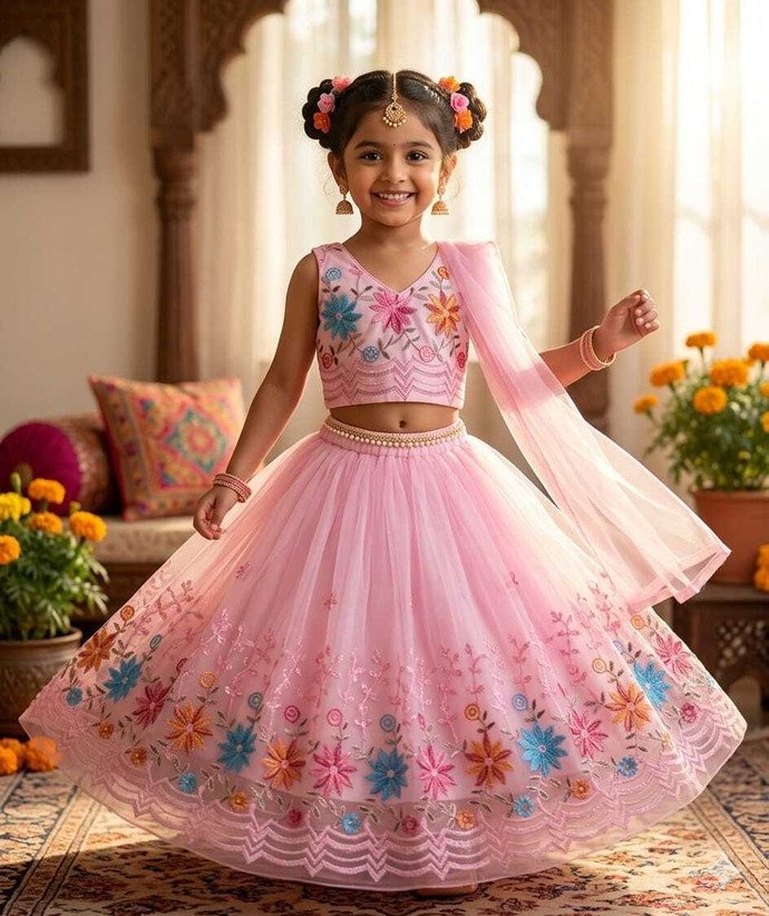 ₹340 Pink Girls Embroidered Lehenga Choli Set for Weddings and Festive Wear