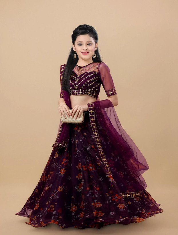 ₹350 Purple Girls Embellished Lehenga Choli Set for Festive Celebrations