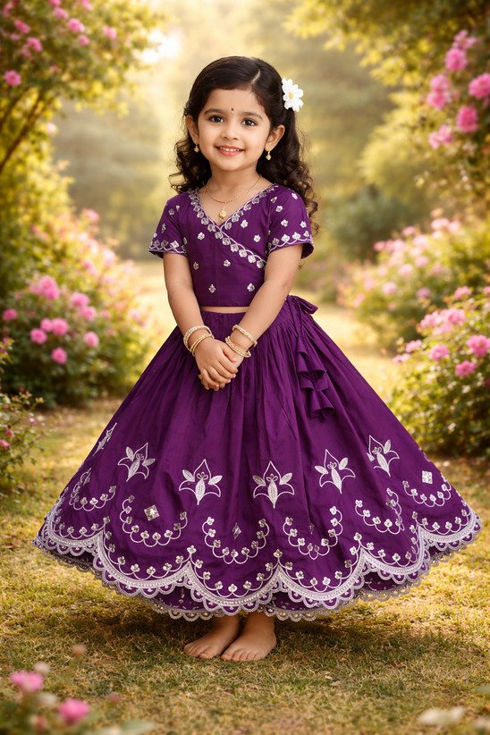 ₹666 Purple Girls Embroidered Lehenga Choli for Festive and Wedding Wear
