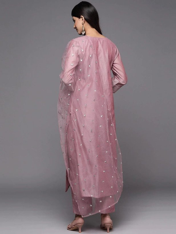 ₹607 Kriska Women & Chanderi Kurti Pant Dupatta Set for Festive Wear