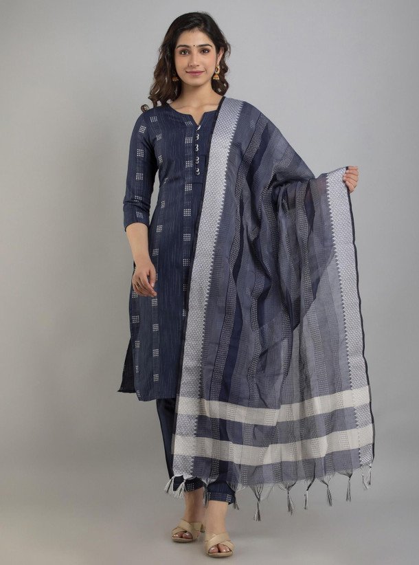 ₹347 Charu Women's Cotton Blend Kurti Pant Dupatta Set for Festive Wear