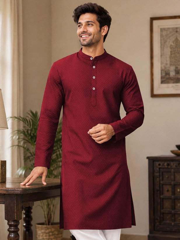 ₹332 VeBNoR Men's Maroon Jacquard Straight Kurta for Festive Occasions