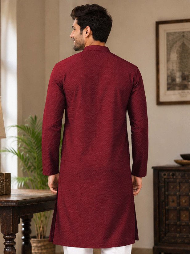 ₹332 VeBNoR Men's Maroon Jacquard Straight Kurta for Festive Occasions
