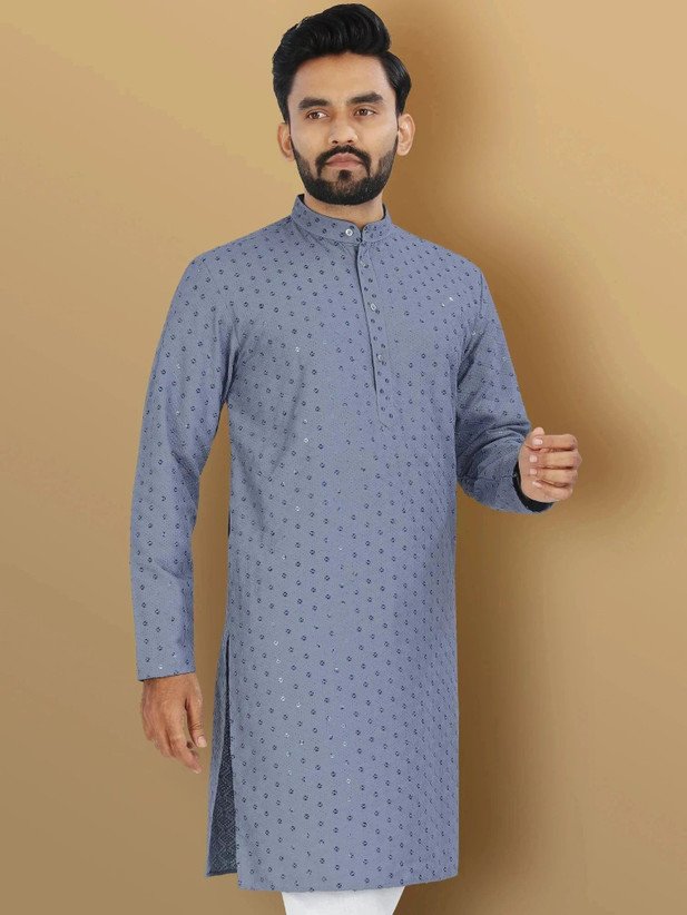 ₹242 VeBNoR Men's Grey Jacquard Straight Kurta for Festive Occasions