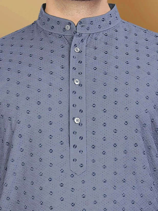 ₹242 VeBNoR Men's Grey Jacquard Straight Kurta for Festive Occasions
