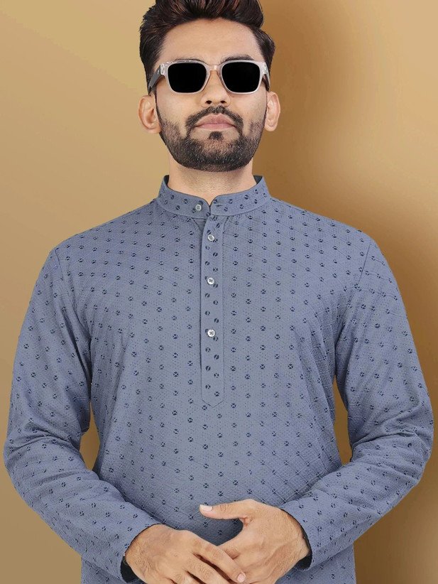 ₹242 VeBNoR Men's Grey Jacquard Straight Kurta for Festive Occasions