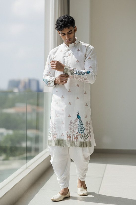 ₹503 Cotton Rayon Kurta Dhoti Set for Men, Traditional Festive Wear