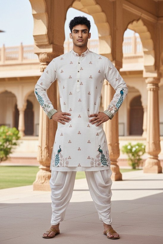 ₹503 Cotton Rayon Kurta Dhoti Set for Men, Traditional Festive Wear